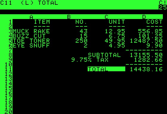Černozelený textový displej VisiCalc zobrazuje sloupce ITEM, NO., UNIT a COST, řádky položek a souhrnné výpočty.
